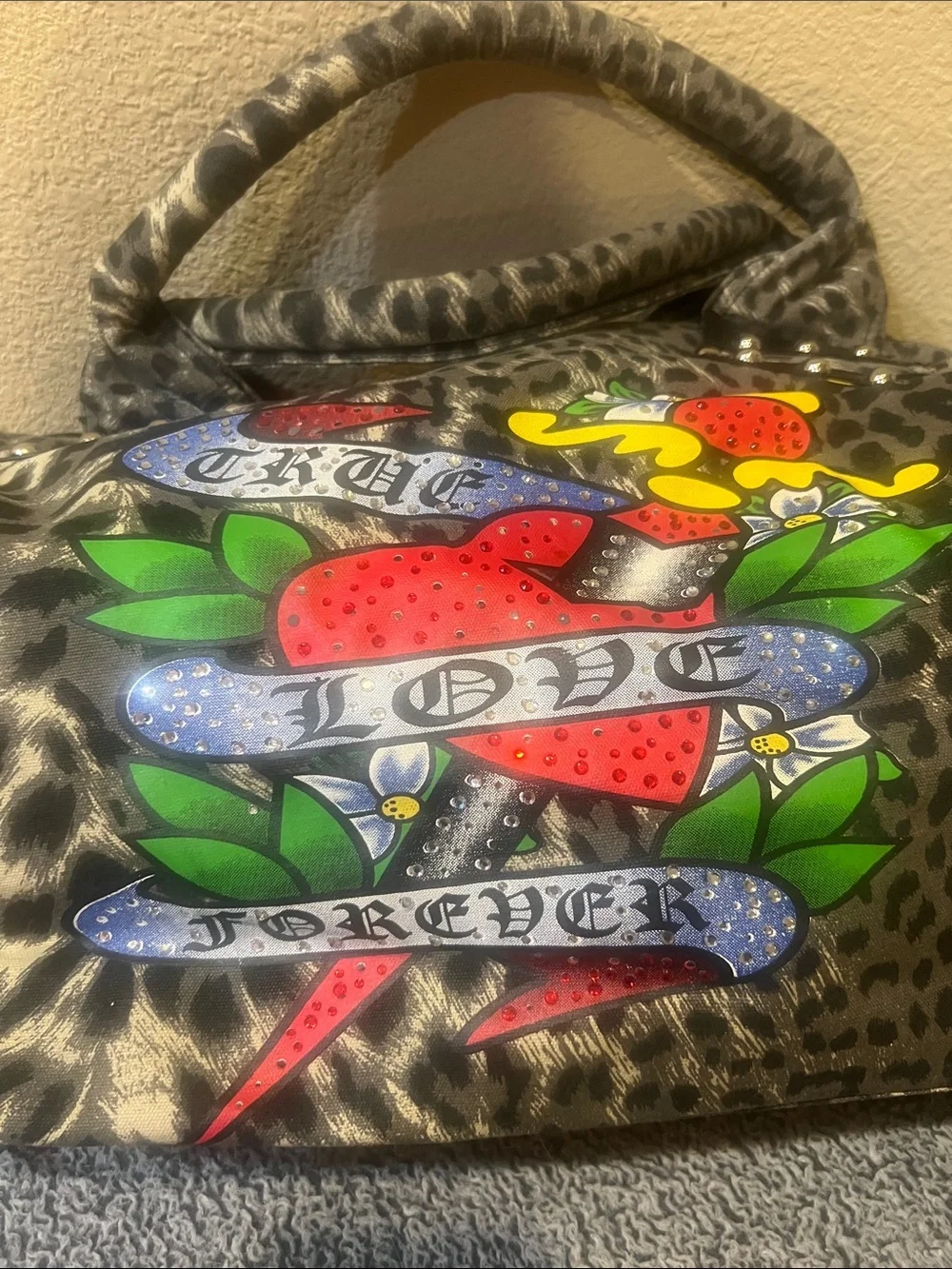 Tattoo Inspired Leopard Print Satchel with Colorful Heart Graphic - Gray